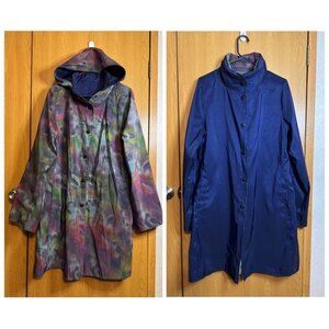 JANSKA Reversible Rain Jacket Blue Psychedelic Print Pockets Outdoor Camping M